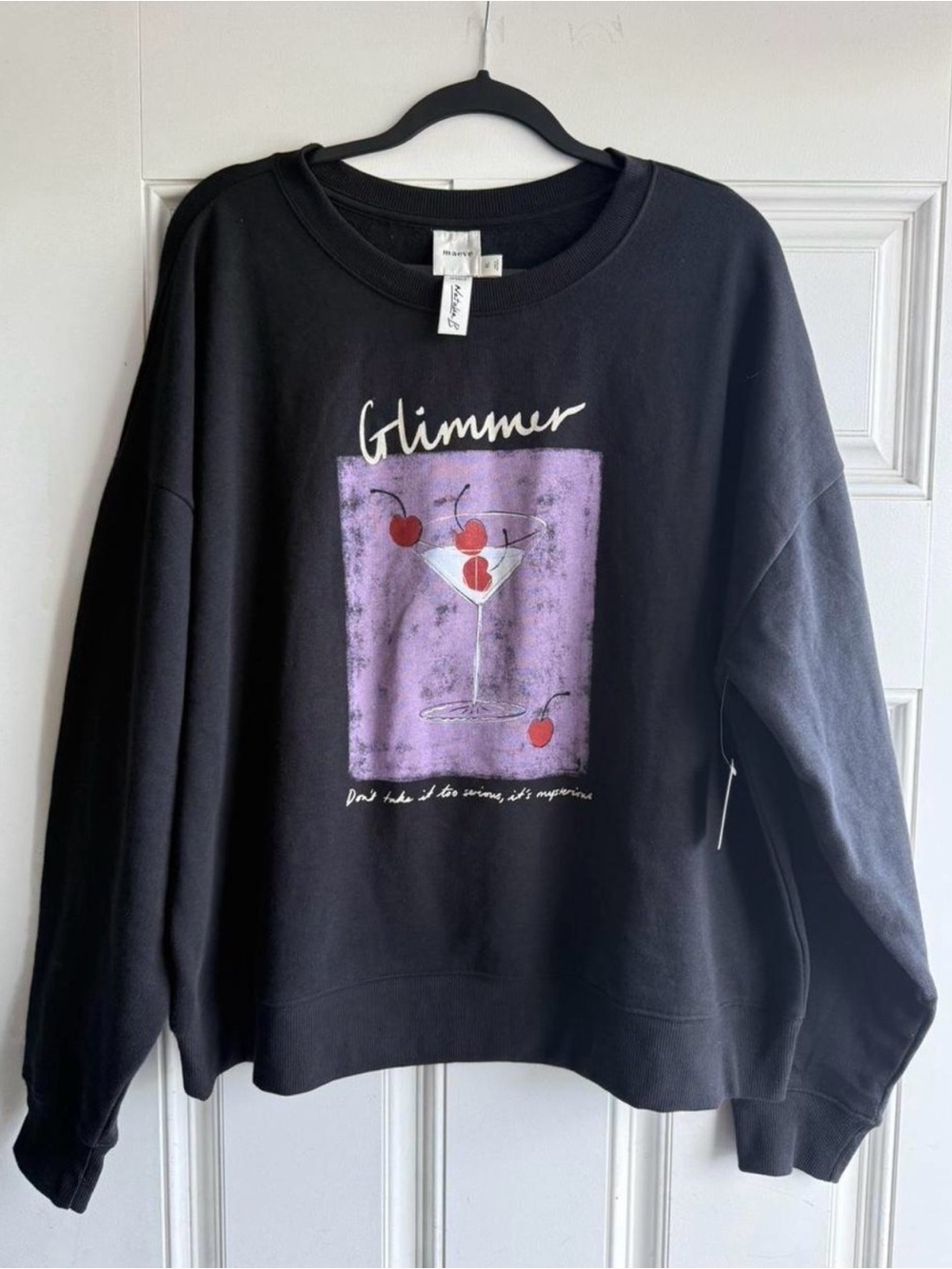 Anthropologie Black Crewneck Sweatshirt with Purple Martini Graphic